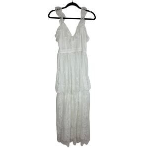 Tobi Womens Ruffle Floral Lace Overlay V-Neck Sleeveless White Maxi Dress Small